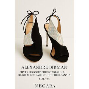 Alexandre Birman Silver Holographic Snakeskin & Black Suede Lace-Up High Heel S
